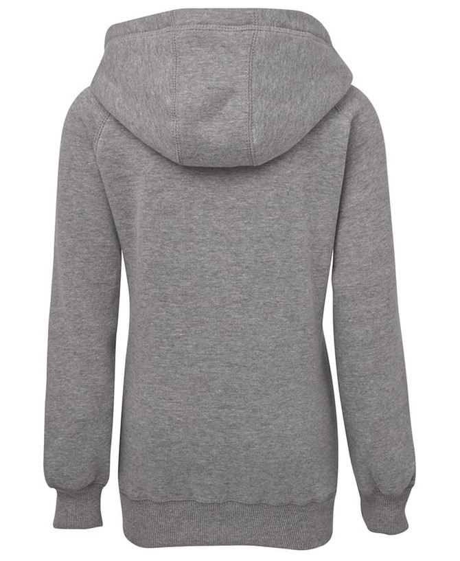 A grey hoodie featuring a hood and ribbed cuffs, with a branding logo on the back.
