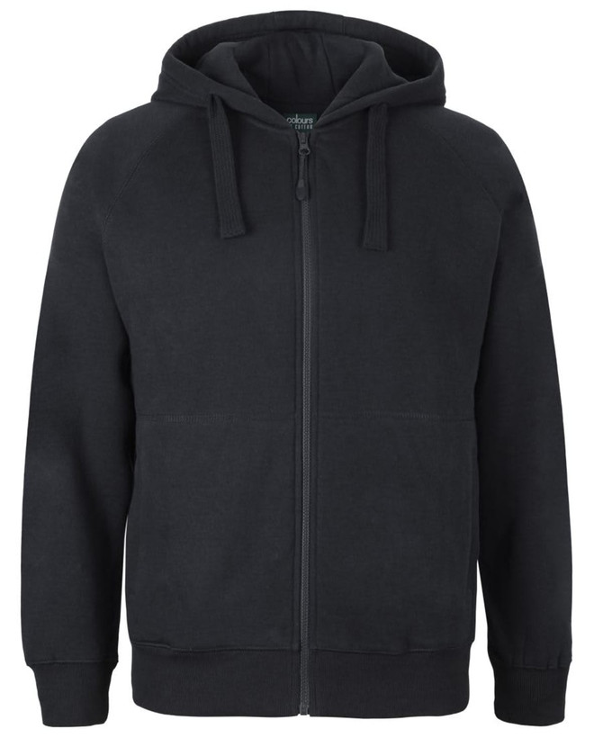 A dark green zip-up hoodie with a hood and kangaroo pockets, featuring a logo.