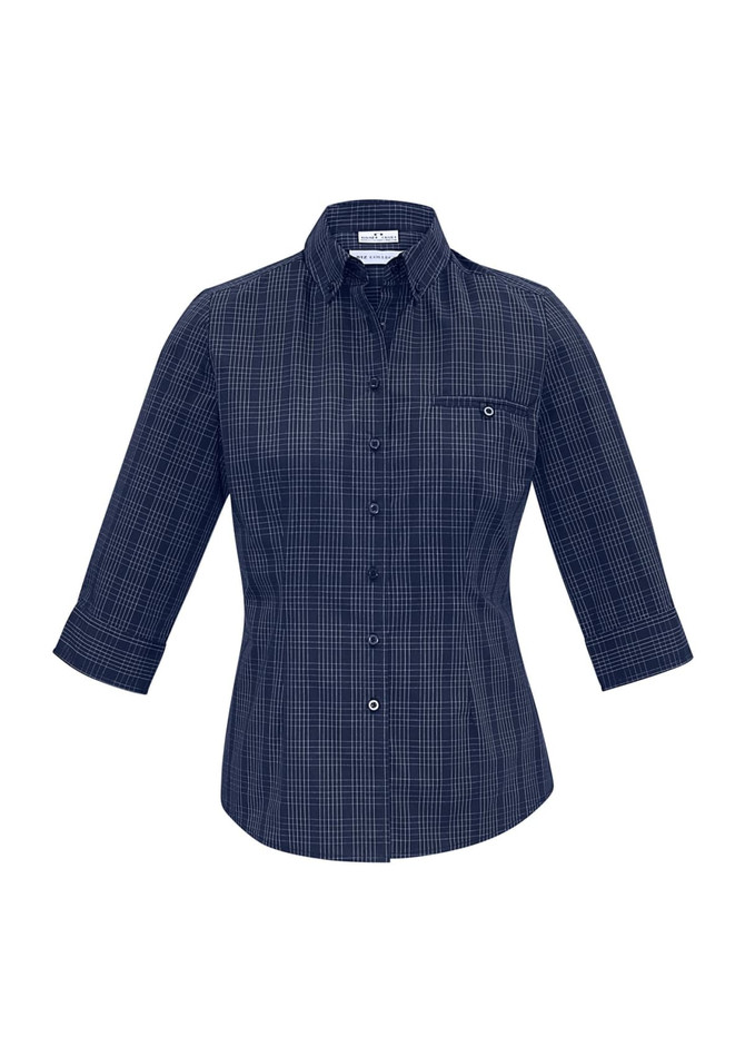 A navy blue women's button-up shirt with 3/4 sleeves and a checkered pattern, featuring a chest pocket.