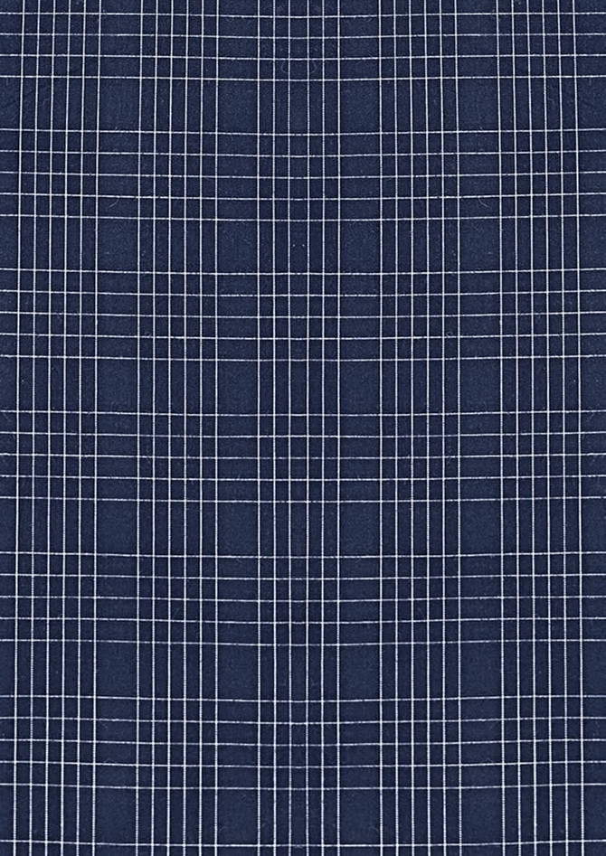 A patterned fabric featuring dark navy and white checked designs, suitable for a button-up shirt.