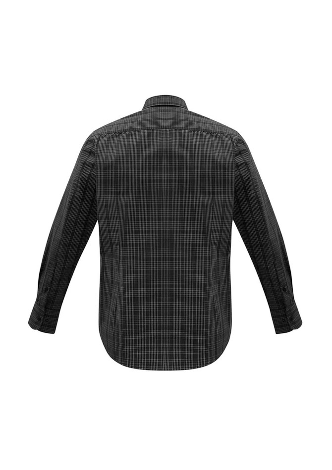 A long sleeve button-up shirt in a black and grey check pattern, featuring a collar and a logo.