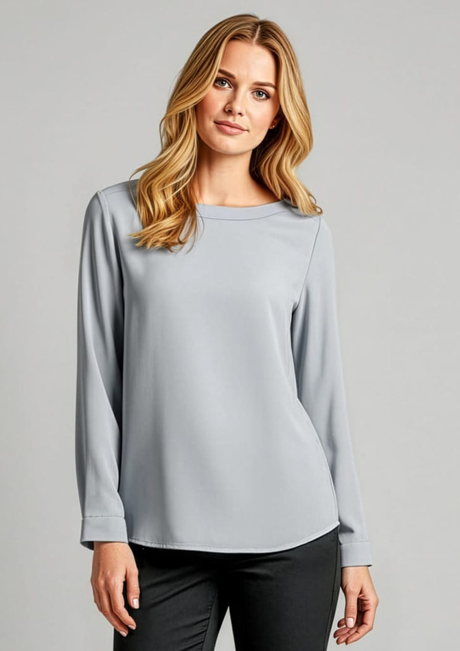 A light grey women's boatneck top with long sleeves, featuring a subtle logo on the front.