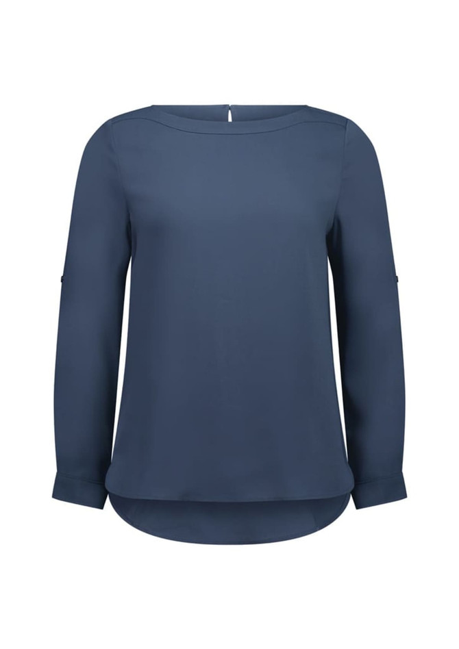 A navy blue boatneck top with long sleeves and a curved hem, featuring a subtle logo on the garment.