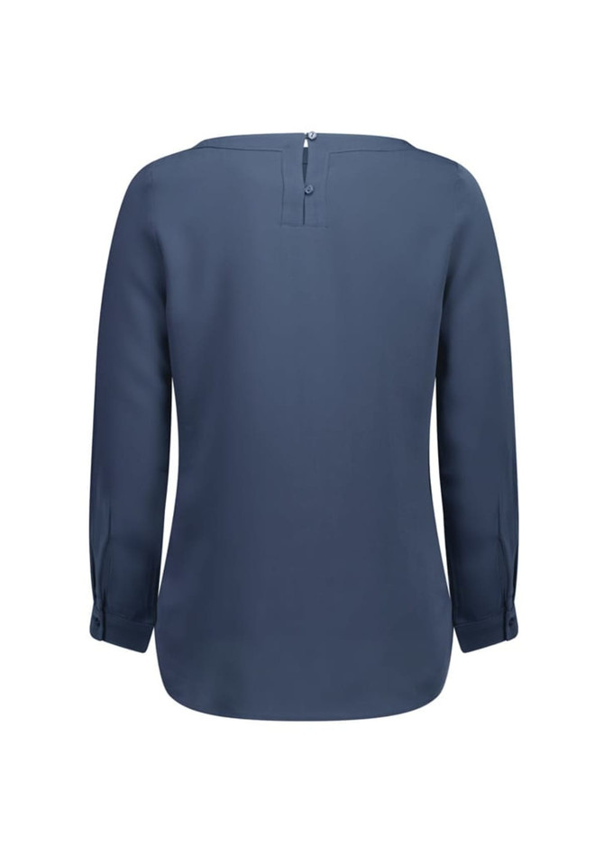 A back view of a women's navy blue boatneck top with long sleeves and a button detail at the neck.
