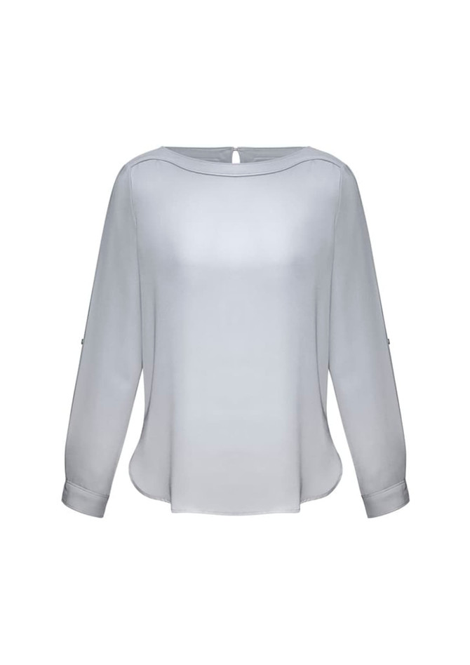 A women's boatneck top in light grey, featuring long sleeves and a slightly curved hem. It has a logo on it.