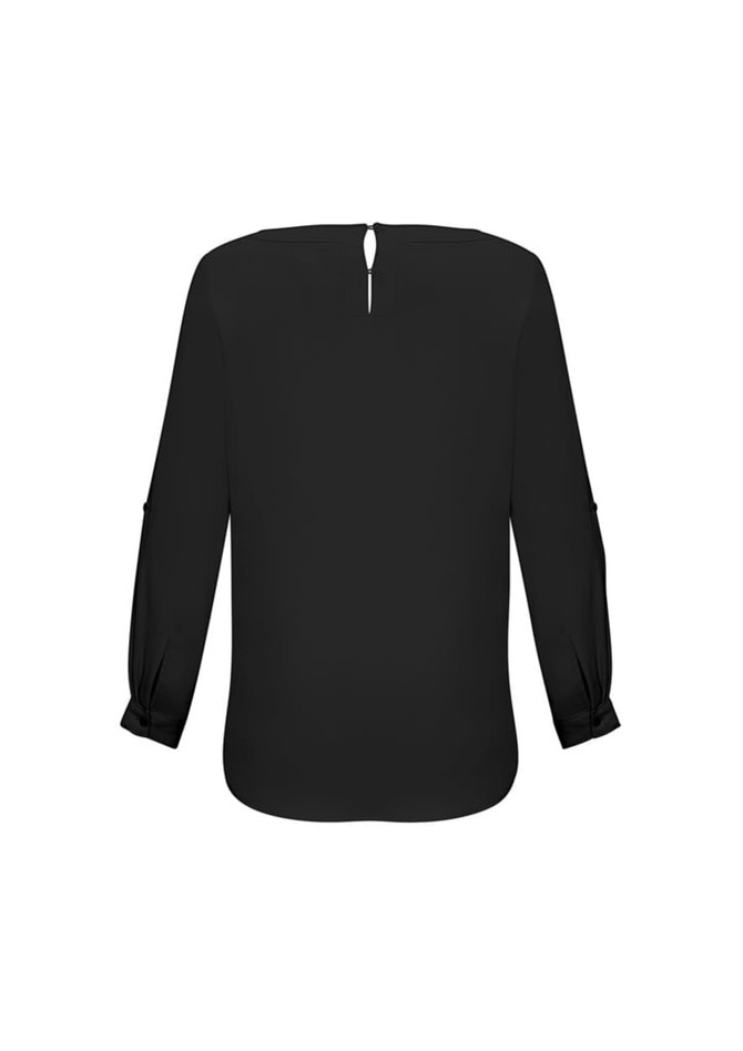 A black women's Madison boatneck top featuring long sleeves and a keyhole back detail. It has a logo on the design.