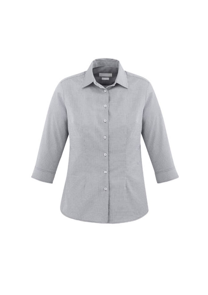A women's button-up shirt with 3/4 sleeves in a grey check pattern, featuring a classic collar and buttons.