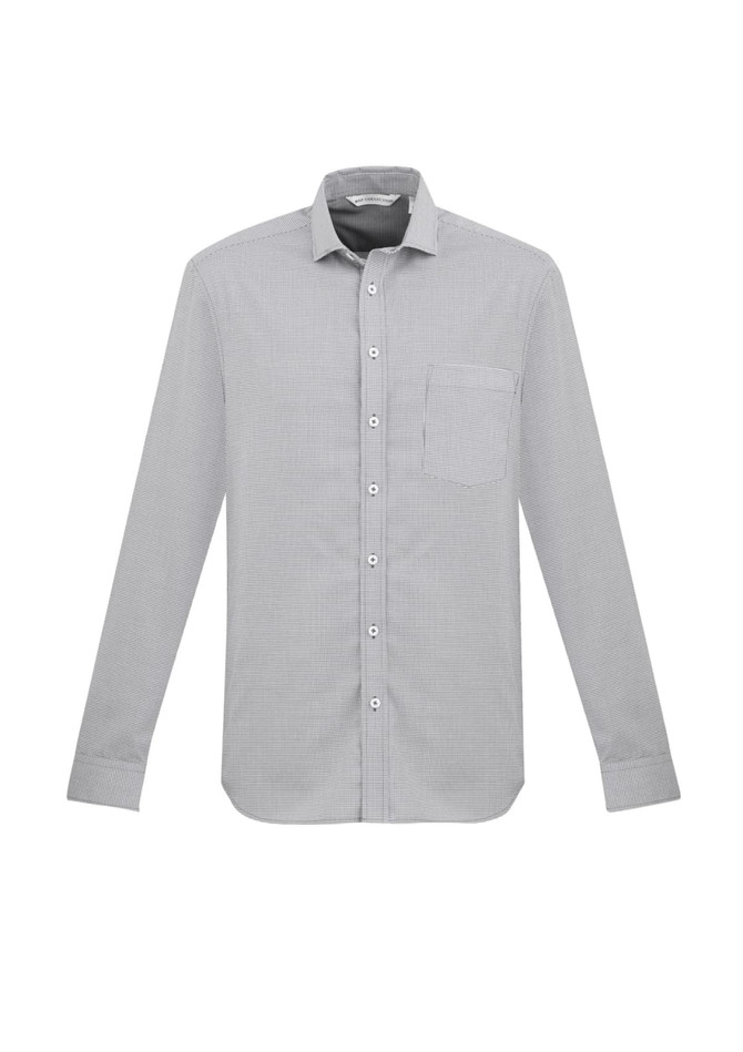 A grey long sleeve button-up shirt with a single chest pocket and a logo.