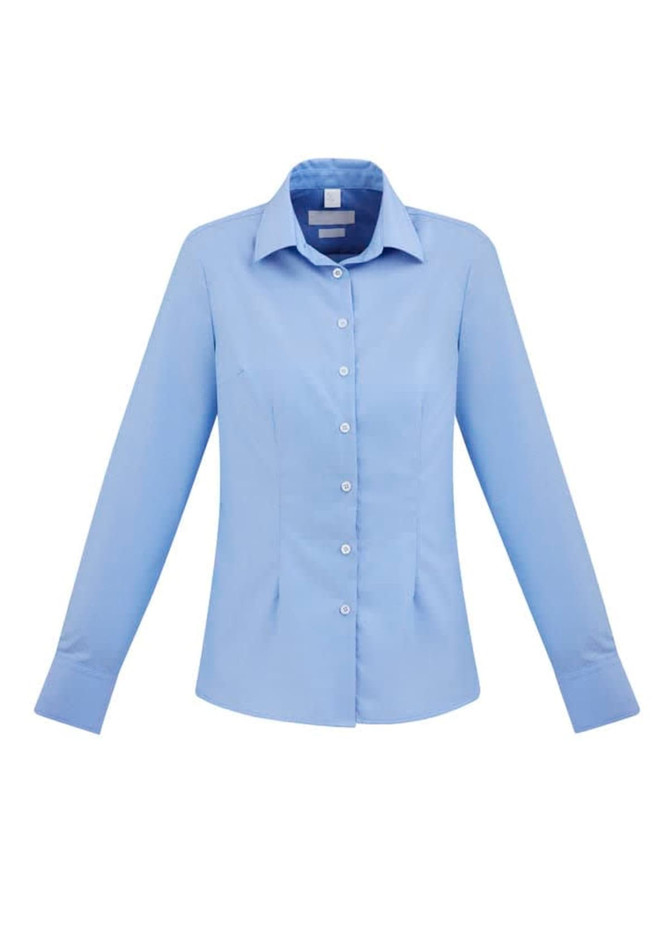 A light blue women's button-up shirt with long sleeves and a collar, featuring front buttons.