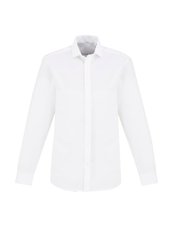 A white long sleeve button-up shirt with a collar, featuring a logo on the chest.