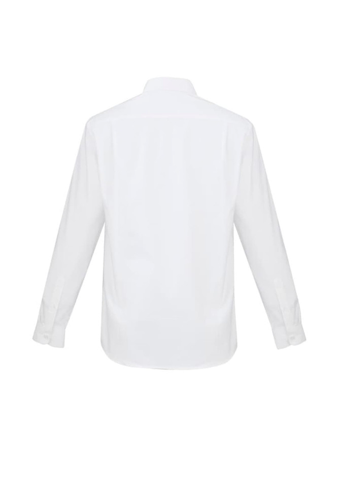 A white long sleeve button-up shirt with a collar and buttoned cuffs, featuring a logo on the back.