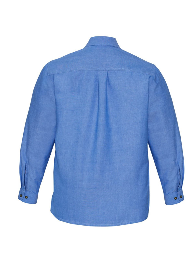 A blue men's chambray long sleeve shirt, featuring a button-up design and a single logo on the back.