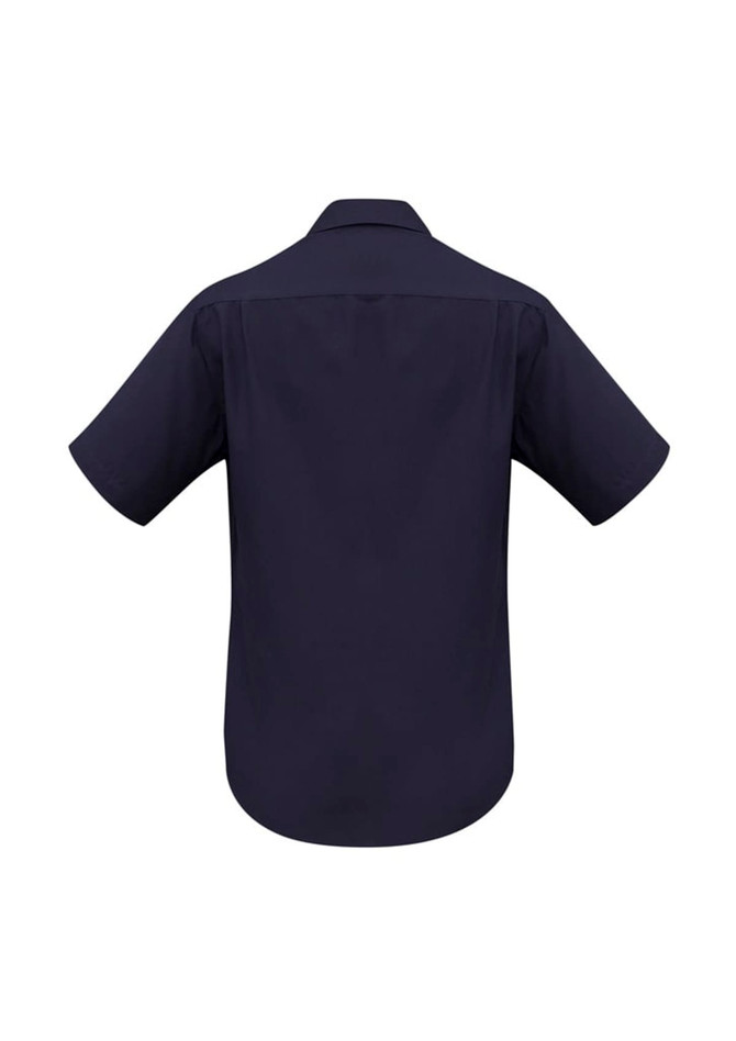 A plain navy blue short sleeve button-up shirt with a classic collar and a simple design.
