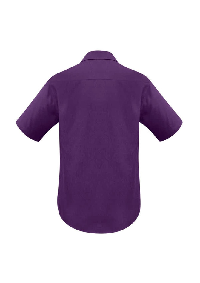 A plain short sleeve shirt in a rich purple colour with a collar and a discreet logo.