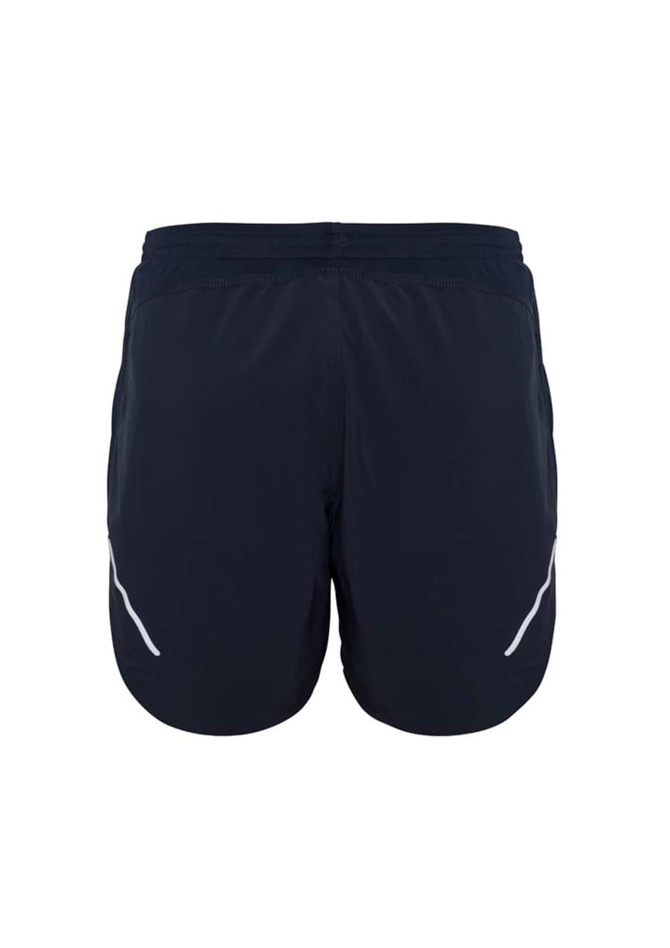 A pair of navy sports shorts featuring white detailing and an elastic waistband. Includes a logo on the back.