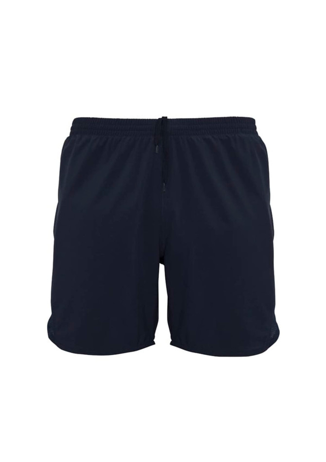 Navy blue sports shorts featuring an elastic waistband and a logo. Ideal for activewear and comfortable movement.