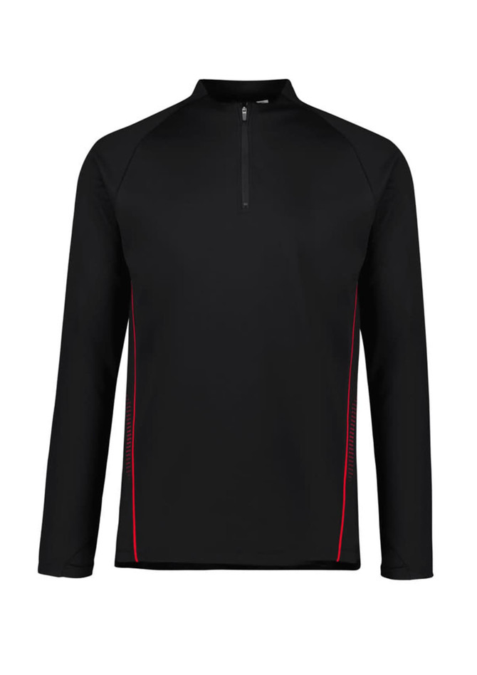 A black unisex mid-layer top with a quarter zip and red detailing, featuring a logo on the front.