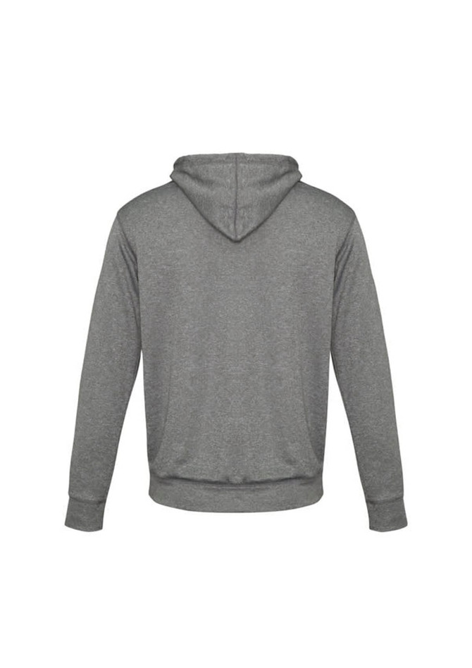 A grey hoodie with a kangaroo pocket and a hood, featuring a logo on the back.