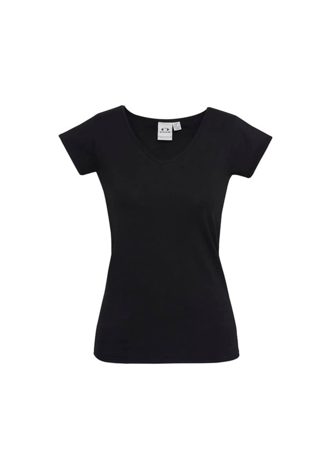 A black women's short sleeve tee with a V-neck design and a fitted silhouette. It features a logo.