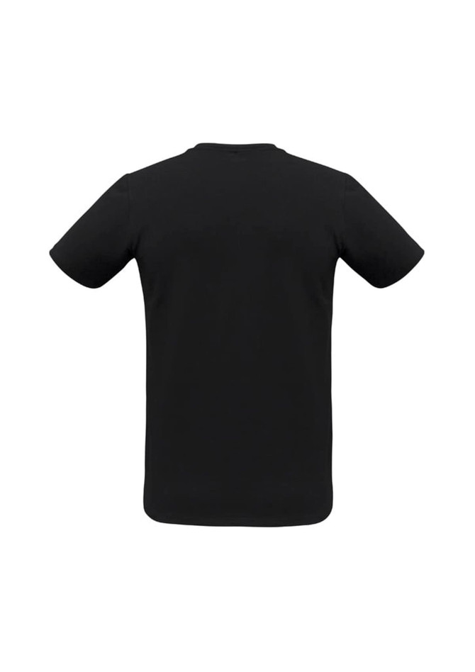 A black men's short sleeve tee with a classic cut, featuring a logo on the back.