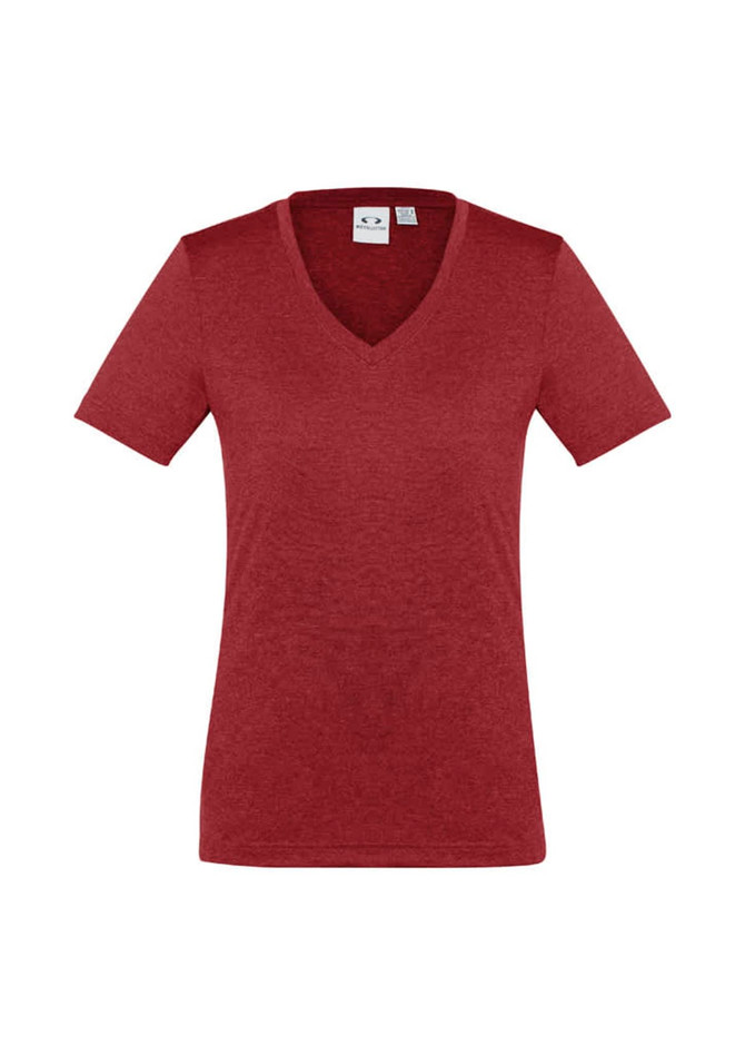 A maroon women's short sleeve tee with a V-neck design and a logo on the label.