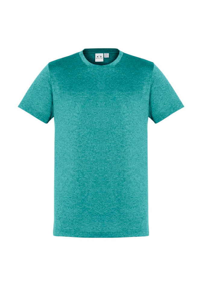 A teal short sleeve tee featuring a crew neckline and a subtle texture. It includes a branding logo.