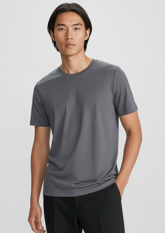 A men's short sleeve tee in grey, featuring a simple design and fitted style. It has a logo on the chest.