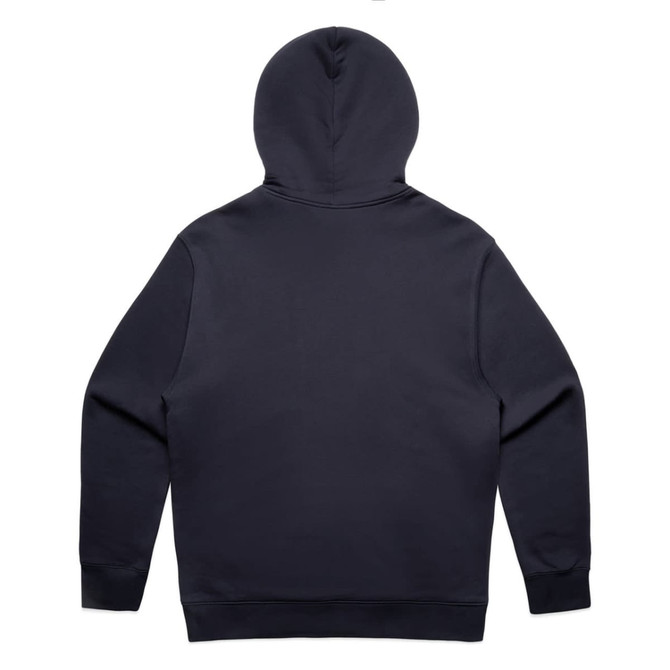 A navy blue hoodie featuring a large hood and long sleeves, with a plain back and logo.