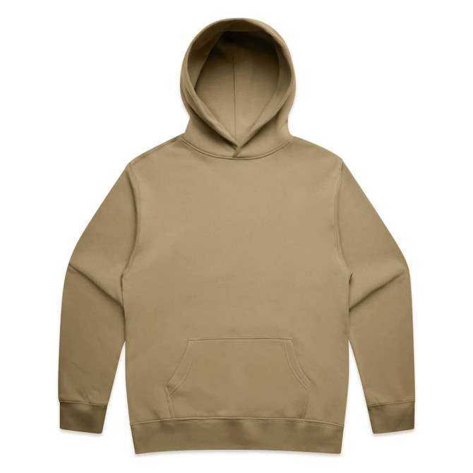 A beige hoodie with a front pocket and a drawstring hood, featuring a logo on the front.