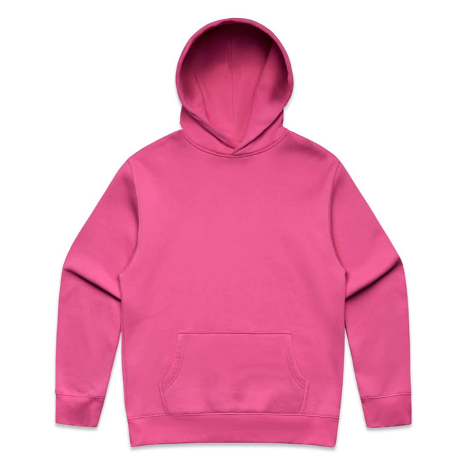 A pink hoodie with a front pocket and a drawstring hood. It features a logo on one side.