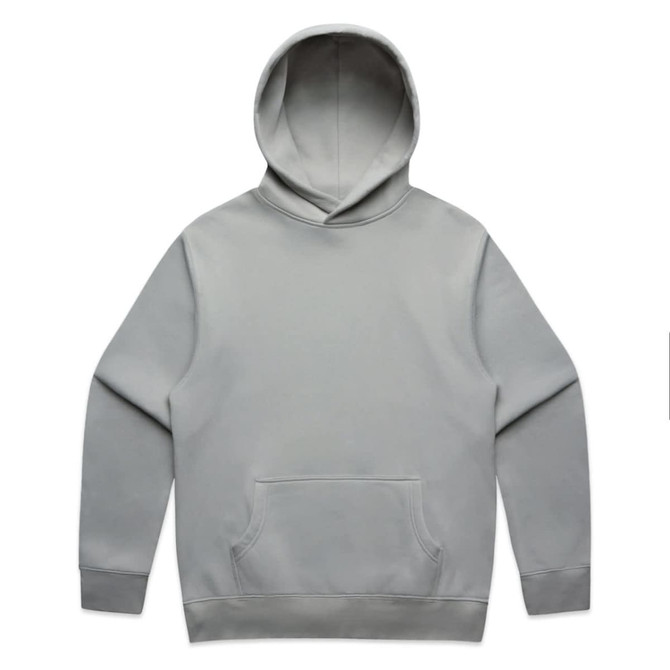 A grey hoodie with a front pocket and a hood, featuring a logo on one side.