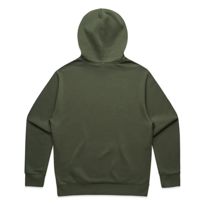 A green hoodie with a hood, featuring long sleeves and a plain back design. It includes a logo.