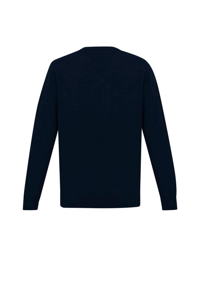 A navy blue mens knit pullover with long sleeves and a crew neck design. Features a logo on the back.