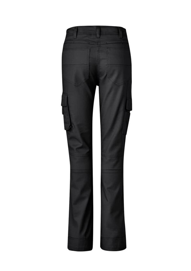 Black women's rugged cargo pants featuring multiple side pockets and a fitted design. Back view displayed.
