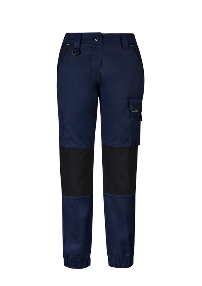 A pair of navy women's work pants with black panels and a side cargo pocket, featuring a brand logo.