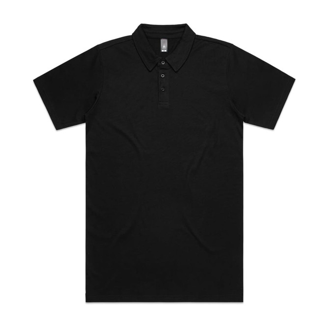 A black polo shirt with a collar and three-button placket, featuring a logo on the chest.