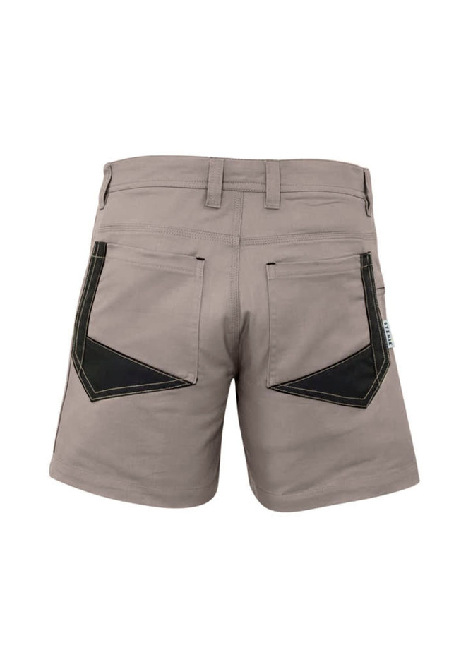 Men's rugged dress shorts in a light grey colour with contrasting black detailing on the back pockets. Features a logo.
