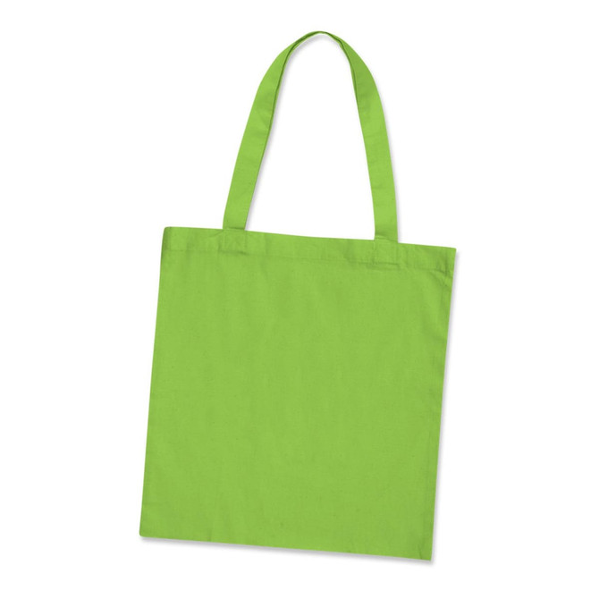 A bright green cotton tote bag with two shoulder straps and no visible branding.