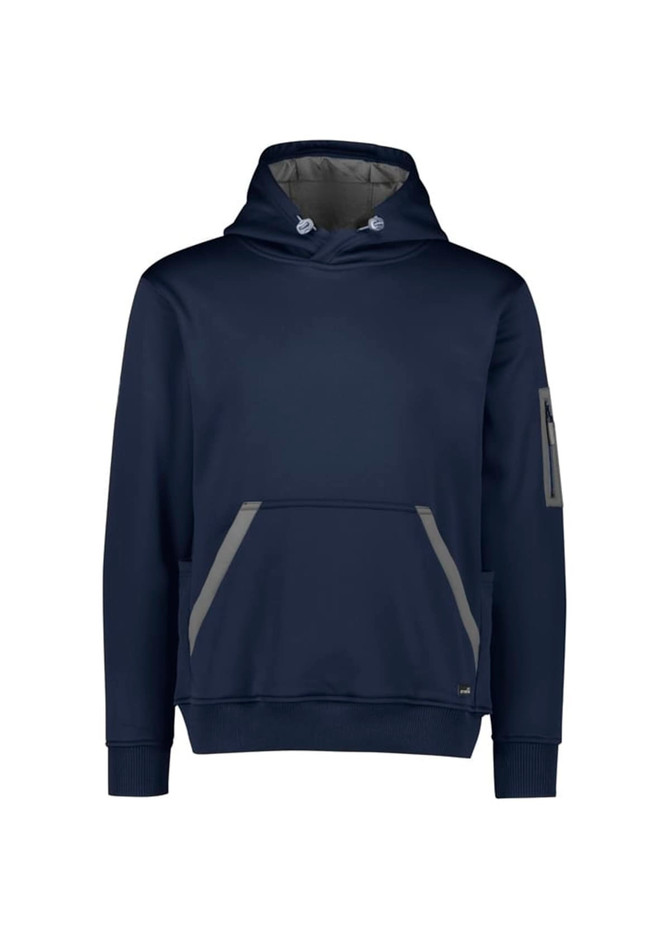 A navy water-resistant hoodie with a front pocket and a logo on the sleeve. Features grey accents.
