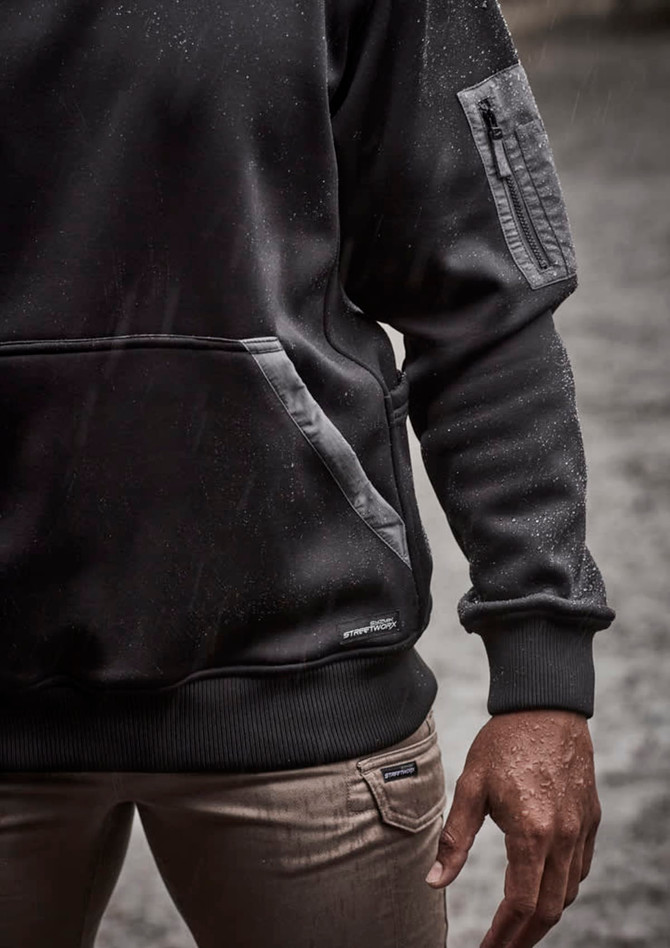 A black unisex water-resistant hoodie featuring a pocket and logo, with a sleek design.