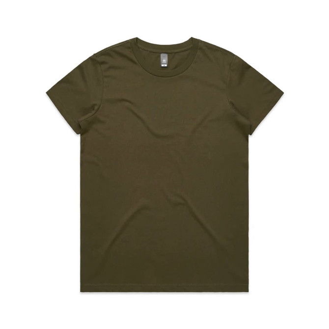 A plain olive green T-shirt featuring a logo on the neckline, displayed flat against a white background.