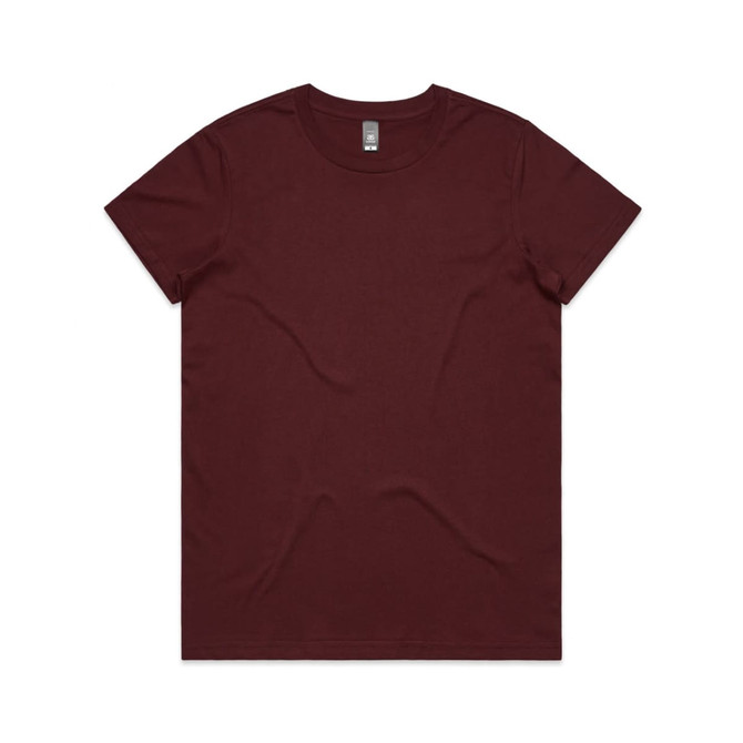 A maroon T-shirt with a round neckline, featuring a logo on the label.