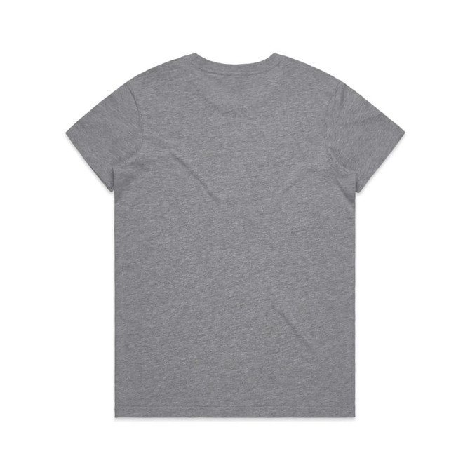 A grey T-shirt with a rounded neckline and short sleeves, featuring a logo on the back.