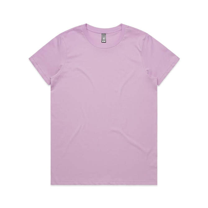 A lilac T-shirt with a crew neckline and short sleeves. The shirt features a logo on the label.
