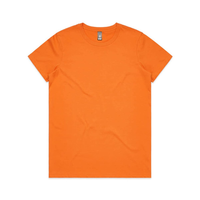 An orange T-shirt with a round neckline and short sleeves, featuring a logo on the label.