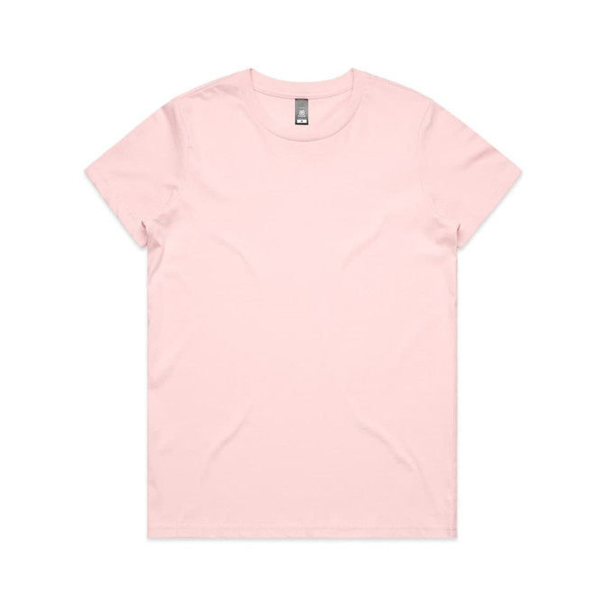 A pink t-shirt with a classic crew neckline and short sleeves, featuring a branding label.