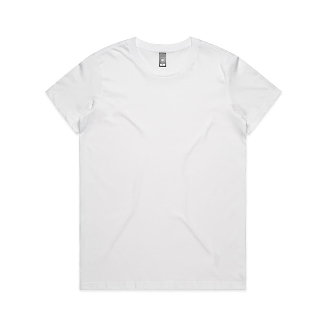 A white t-shirt featuring a simple design and a standard crew neck, with a logo on the label.