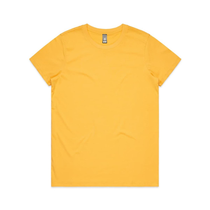 A yellow T-shirt with a round neckline and short sleeves, featuring a logo on the label.