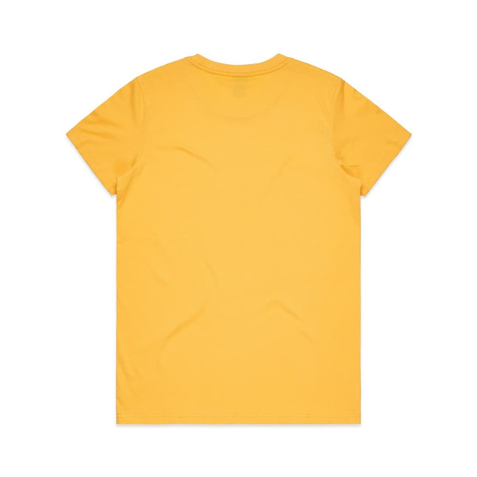 A plain yellow T-shirt with short sleeves and a simple back design. It features a logo.