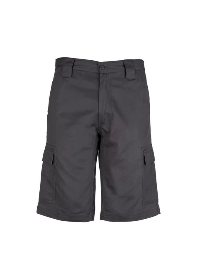 Midweight drill cargo shorts in black with multiple side pockets and belt loops. Features a logo on the waistband.